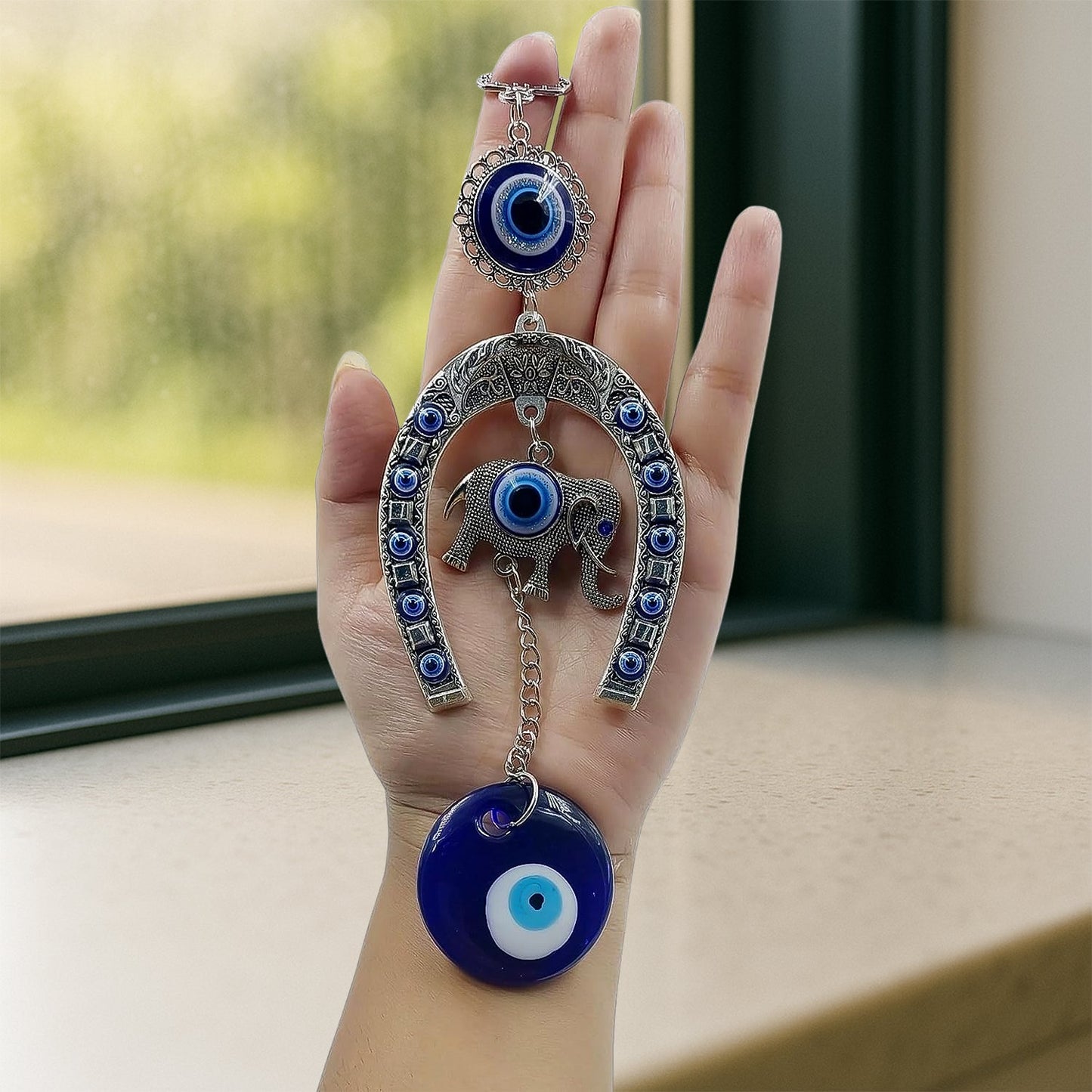 Decorative Evil Eye Hanging with Elephant and Horseshoe Motif, Wind Chime (1 Pc)