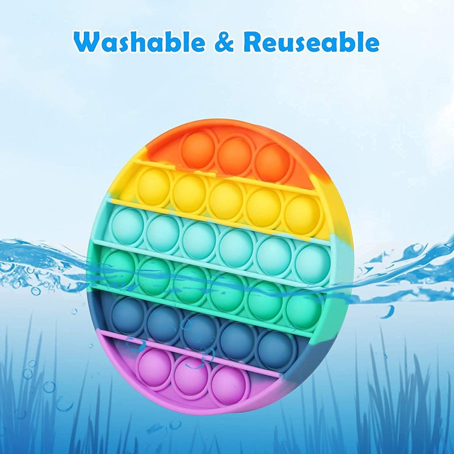 Round stress relief toy with bubble ping.