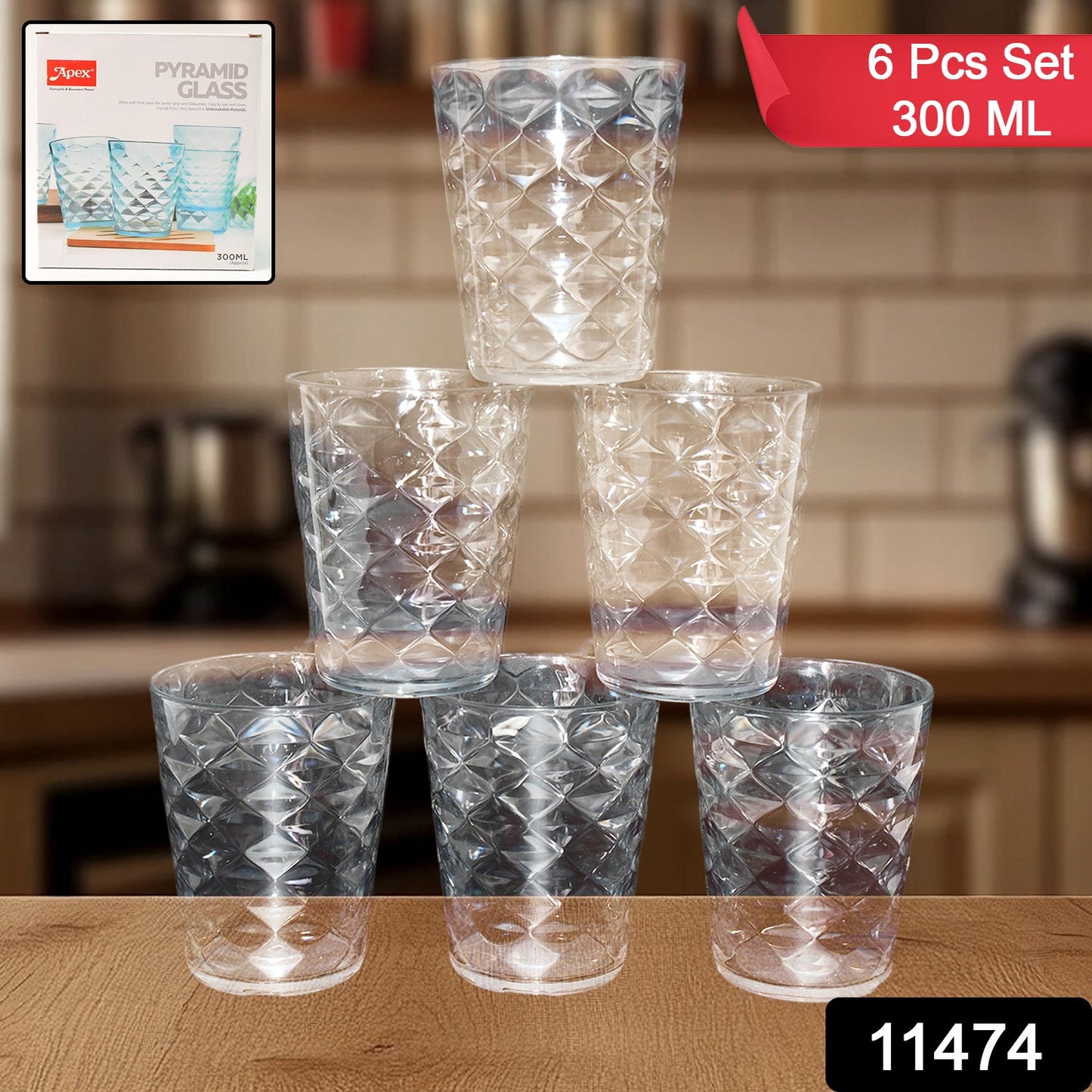 Apex Pyramid Design Unbreakable Plastic Glass – 300 ML