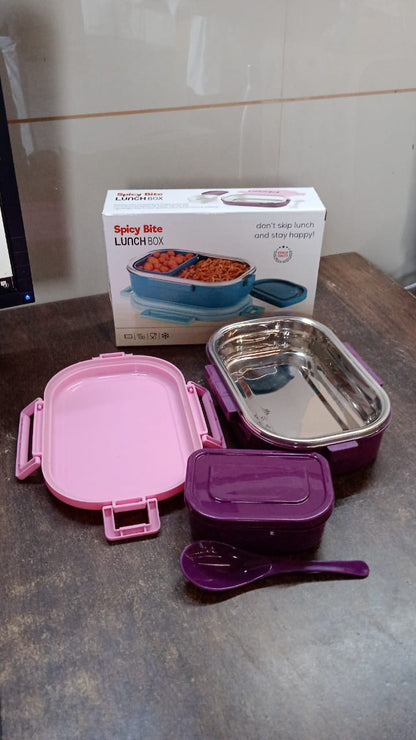3 in 1 Spicy Bite Stainless Steel Lunch Box With Plastic Small Box & Spoon (1 Set)