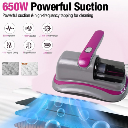 Powerful Suction Portable Handheld Vacuum Cleaner - Low Noise Vacuum Cleaner for Bed - Cordless Vacuum Cleaner for Car Seat Crevices Pillows, Mattresses, Sofas Wireless Anti Dust and Mite Cleaner
