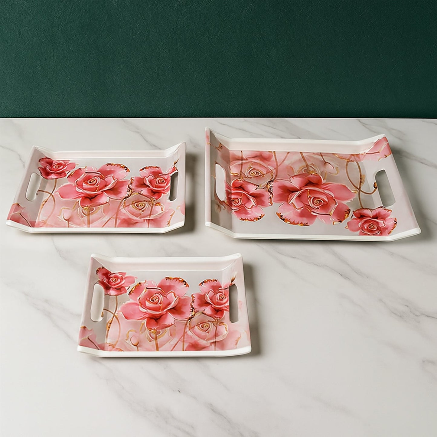 Plastic Rectangular Serving Tray Set – Printed Design Trays for Home & Kitchen