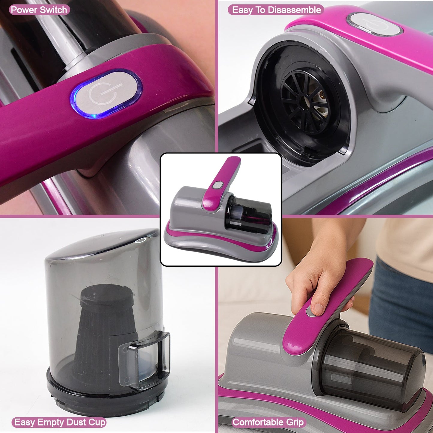 Powerful Suction Portable Handheld Vacuum Cleaner - Low Noise Vacuum Cleaner for Bed - Cordless Vacuum Cleaner for Car Seat Crevices Pillows, Mattresses, Sofas Wireless Anti Dust and Mite Cleaner